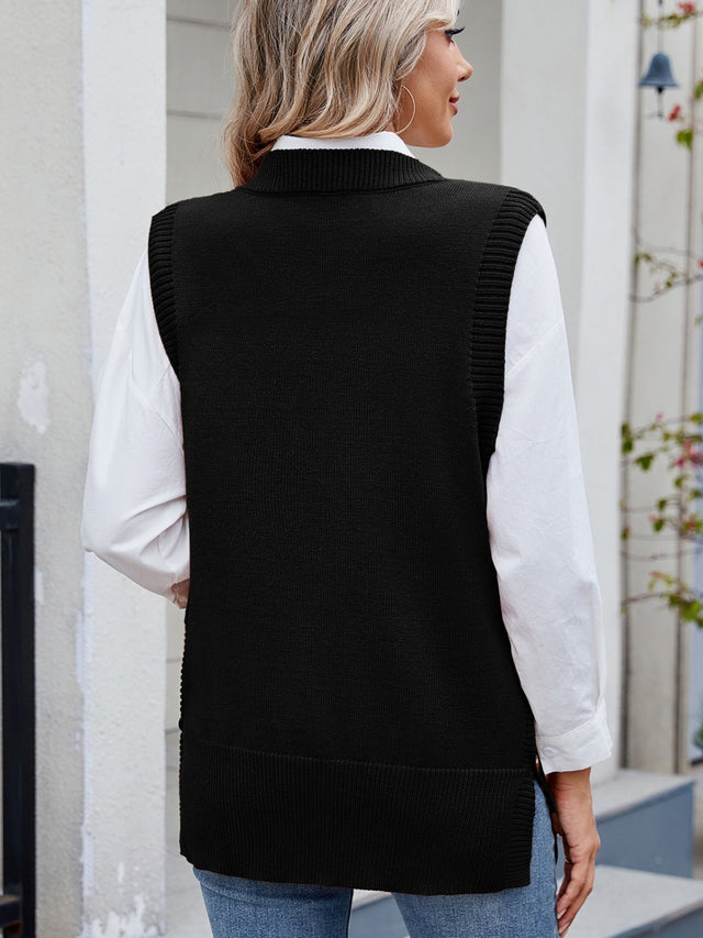 Buttoned Round Neck Sweater Vest | Hanalas