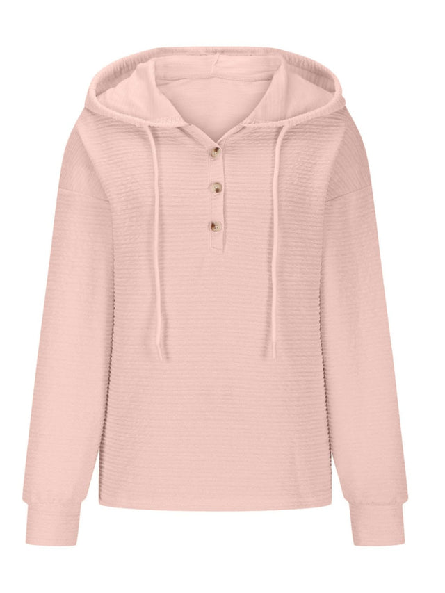 Drawstring Quarter Button Long Sleeve Hoodie | Hanalas