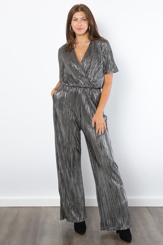 Be Stage Surplice Short Sleeve Pleated Foil Jumpsuit | Hanalas