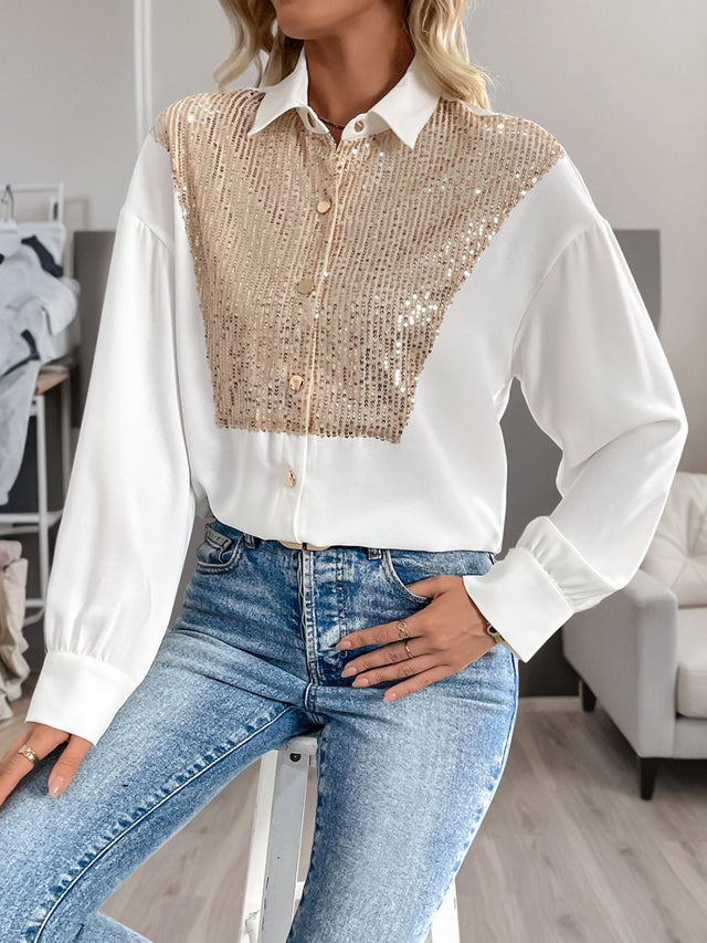 Perfee Sequin Contrast Collared Neck Long Sleeve Shirt | Hanalas