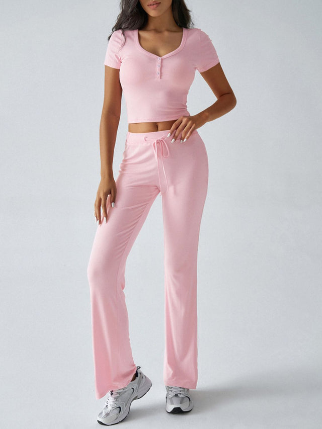 Devine Short Sleeve Top and Drawstring Pants Set | Hanalas