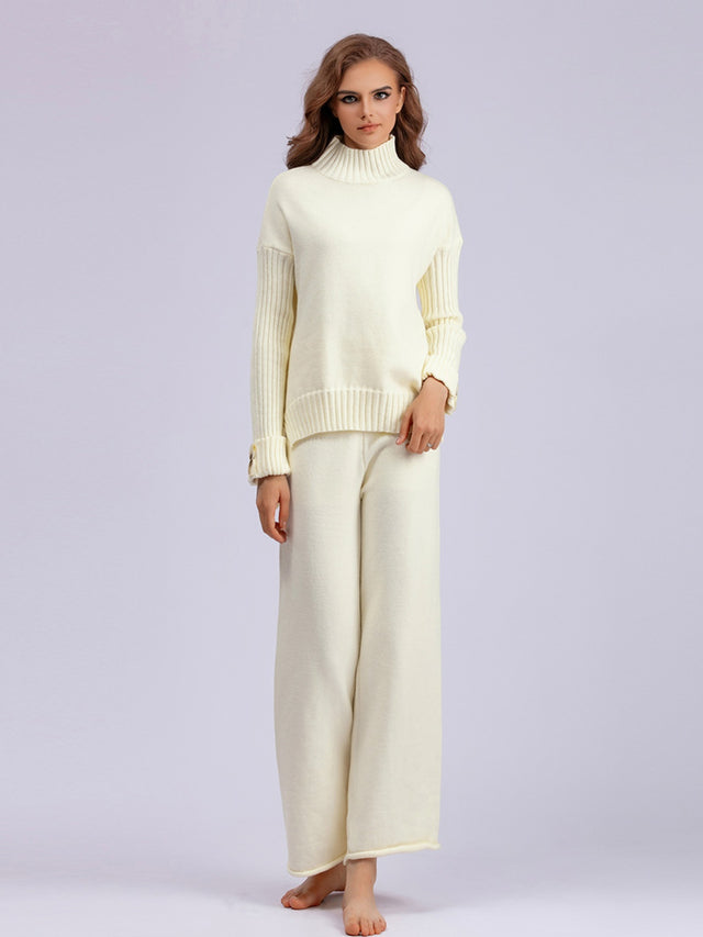 Basic Bae High- Low Turtleneck Long Sleeve Top and Pants Sweater Set Trendsi Hanalas