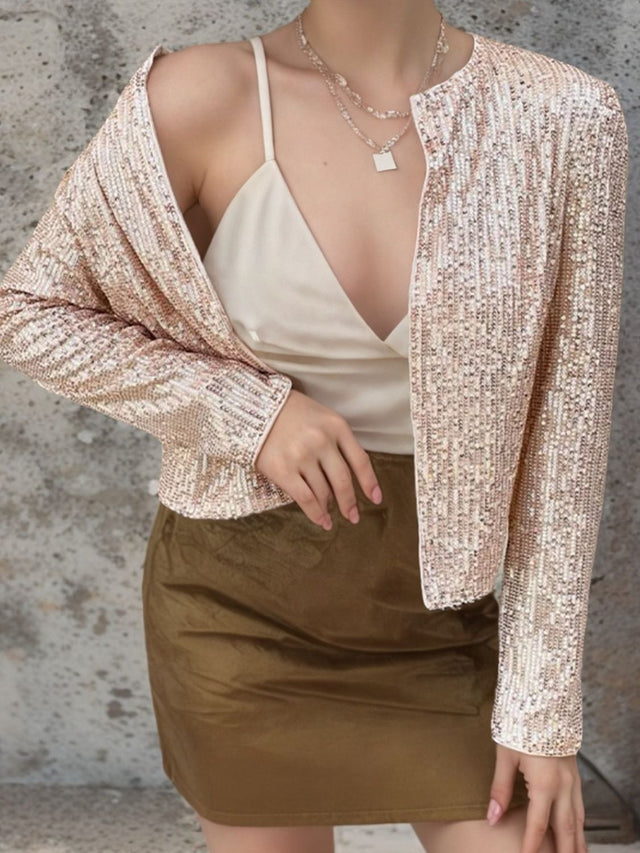 Full Size Sequin Open Front Cropped Jacket | Hanalas