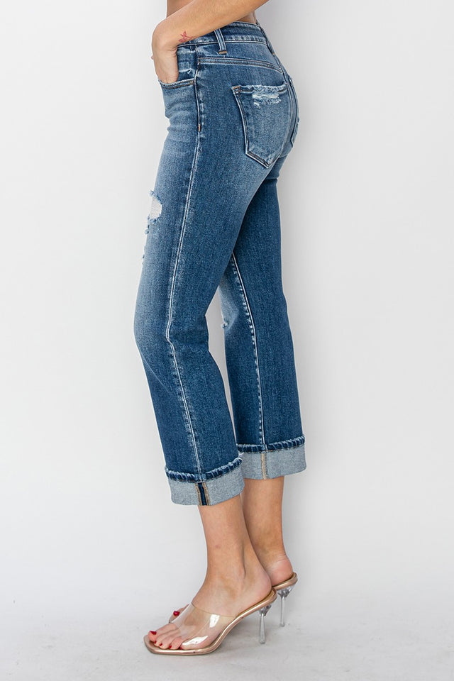 RISEN Full Size Cuffed Ankle Distressed Straight Jeans Trendsi Hanalas