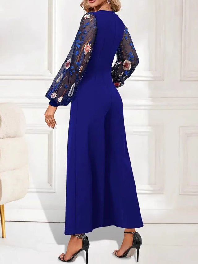 Surplice Embroidered Long Sleeve Wide Leg Jumpsuit Trendsi Hanalas