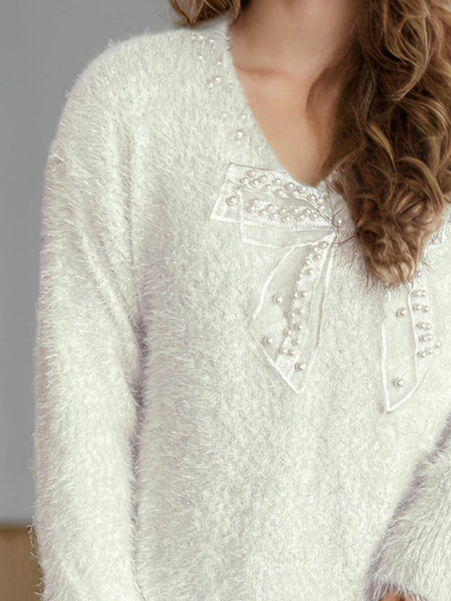 Bow Pearl Detail V-Neck Long Sleeve Sweater Trendsi Hanalas