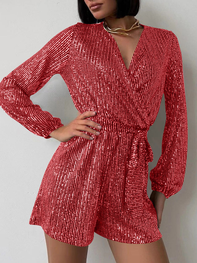 Full Size Sequin Surplice Tie Waist Long Sleeve Romper | Hanalas