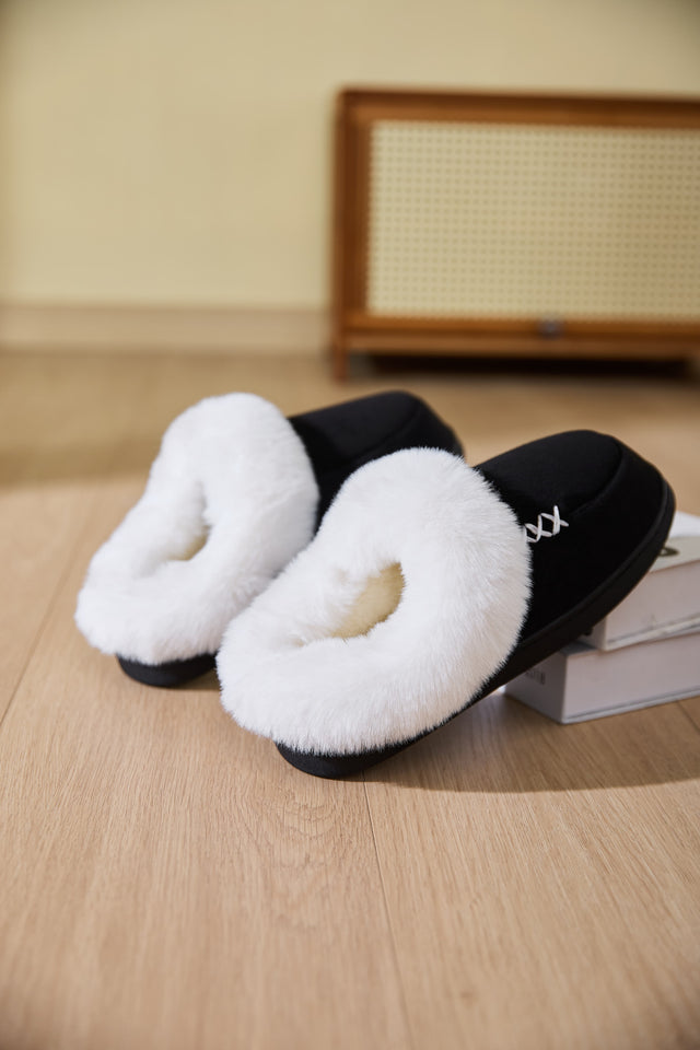 Fluff Trim Round Toe Flat Slippers | Hanalas