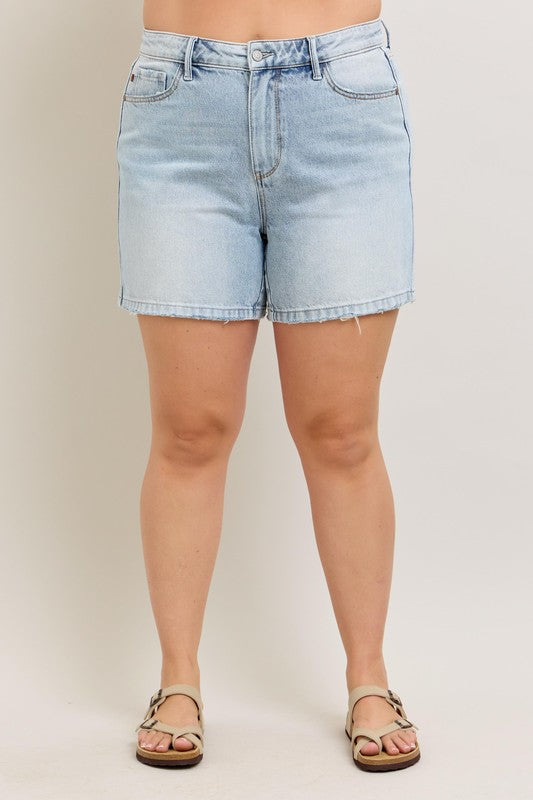 Judy Blue Full Size Frayed Hem High Rise Denim Shorts with Pockets Plus Size | Hanalas