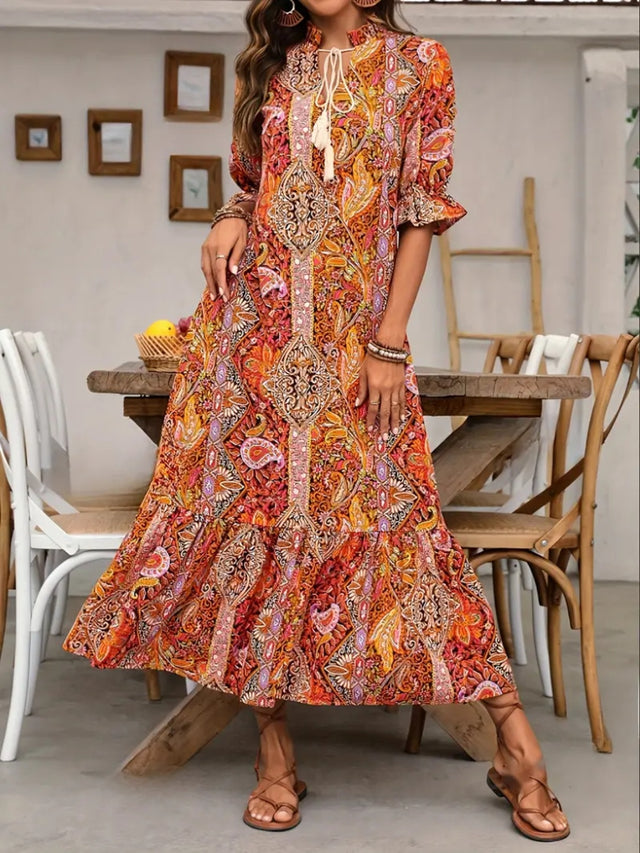 Printed Tie Neck Flounce Sleeve Midi Dress