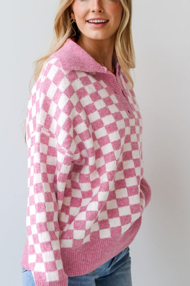 Checkered Collared Neck Long Sleeve Sweater | Hanalas