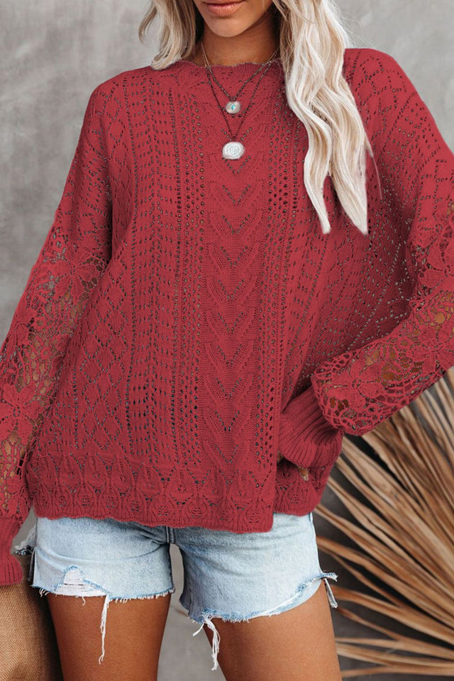 Openwork Round Neck Long Sleeve Sweater | Hanalas