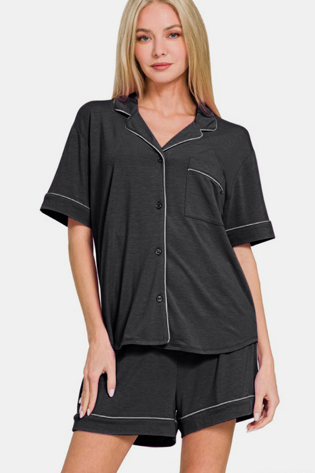 Zenana Button Down Short Sleeve Top and Shorts Lounge Set | Hanalas