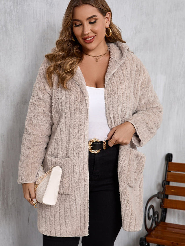 Plus Size Open Front Long Sleeve Hooded Fuzzy Jacket | Hanalas