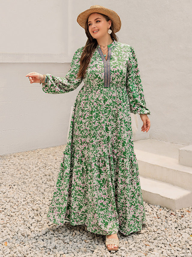 Plus Size Printed Notched Long Sleeve Maxi Dress Trendsi Hanalas