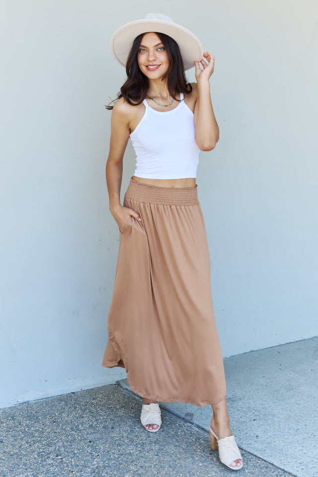 Doublju Comfort Princess Full Size High Waist Scoop Hem Maxi Skirt in Tan Trendsi Hanalas