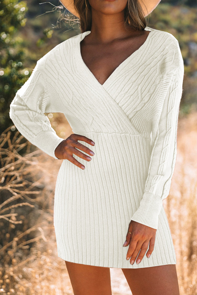 Cable-Knit Surplice Lantern Sleeve Sweater Dress Trendsi Hanalas