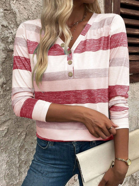 Contrast Striped V-Neck Long Sleeve T-Shirt | Hanalas