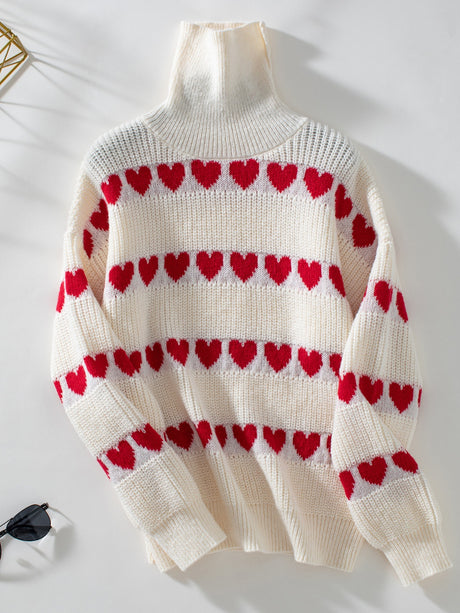 Heart Turtleneck Dropped Shoulder Sweater | Hanalas