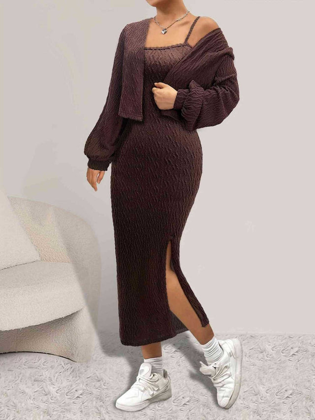 Open Front Long Sleeve Cardigan and Side Slit Cami Dress Set Trendsi Hanalas