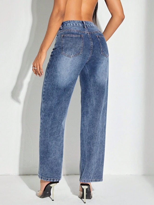 Contrast Patchwork Straight Jeans with Pockets Trendsi Hanalas