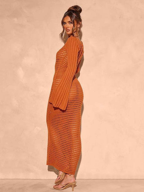 Openwork Square Neck Flare Sleeve Cover-Up Dress | Hanalas