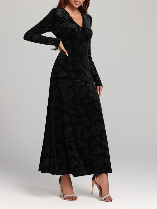 Rose Print V-Neck Long Sleeve Dress | Hanalas