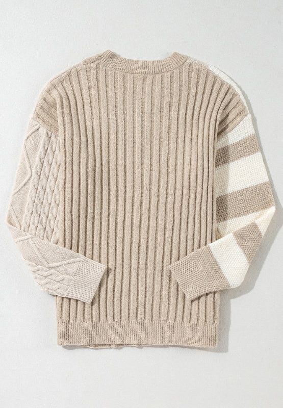 Cable-Knit Color Block Round Neck Sweater Trendsi Hanalas