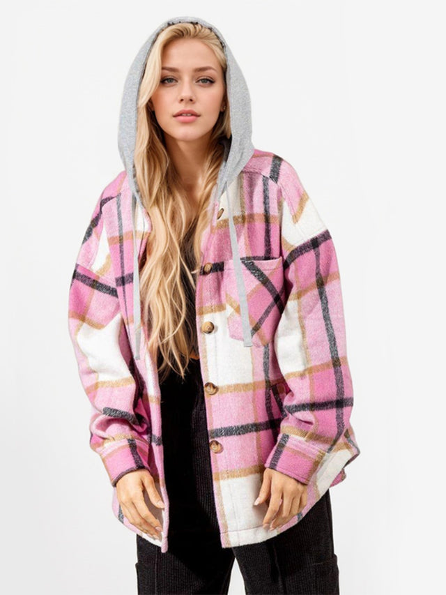 Drawstring Plaid Button Up Long Sleeve Outerwear Trendsi Hanalas