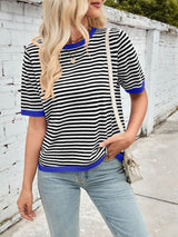 Lovelet Striped Contrast Round Neck Half Sleeve Knit Top