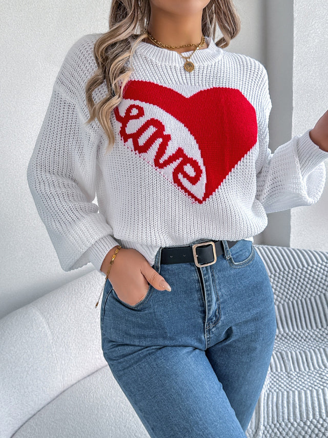 LOVE Heart Round Neck Dropped Shoulder Sweater | Hanalas