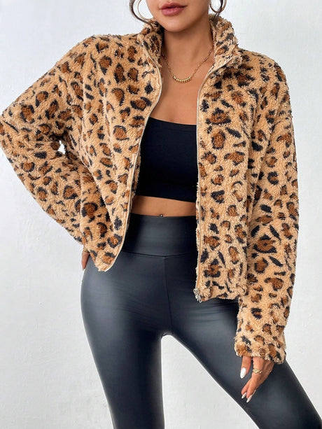 Fuzzy Turtleneck Leopard Zip Up Jacket | Hanalas