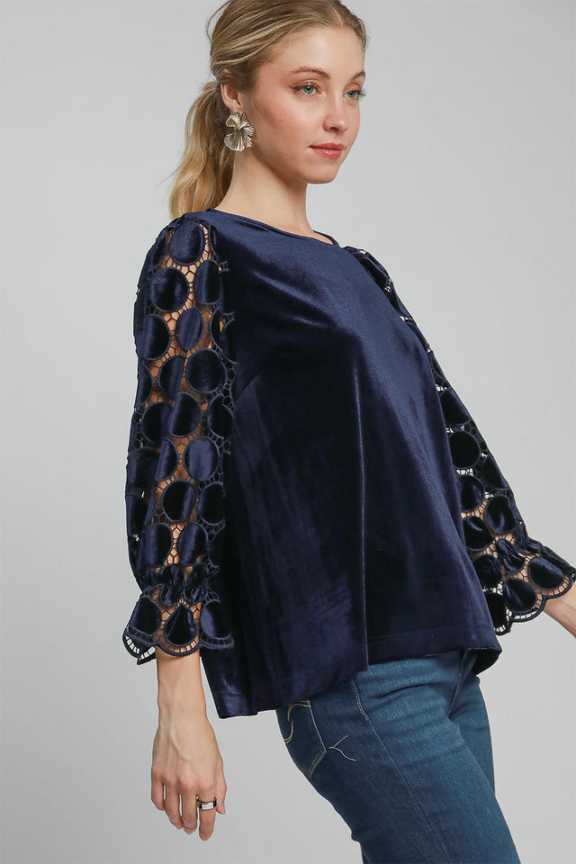 Umgee Polka Dot Lace Long Sleeve Round Neck Blouse | Hanalas