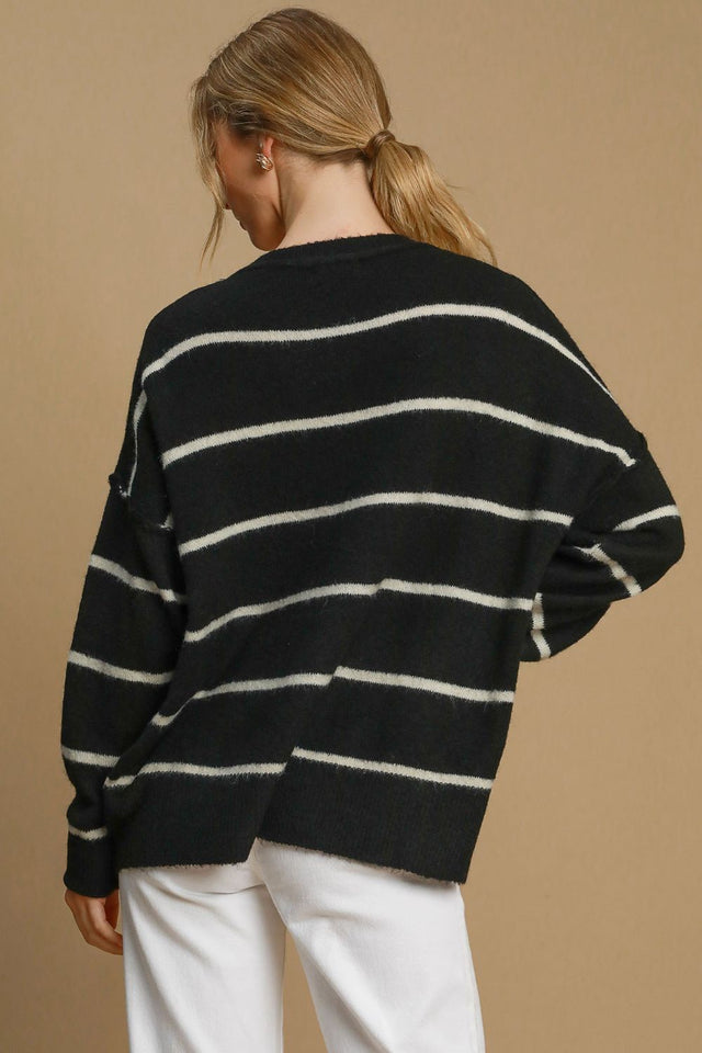 Umgee Wool Blend Striped Round Neck Sweater | Hanalas