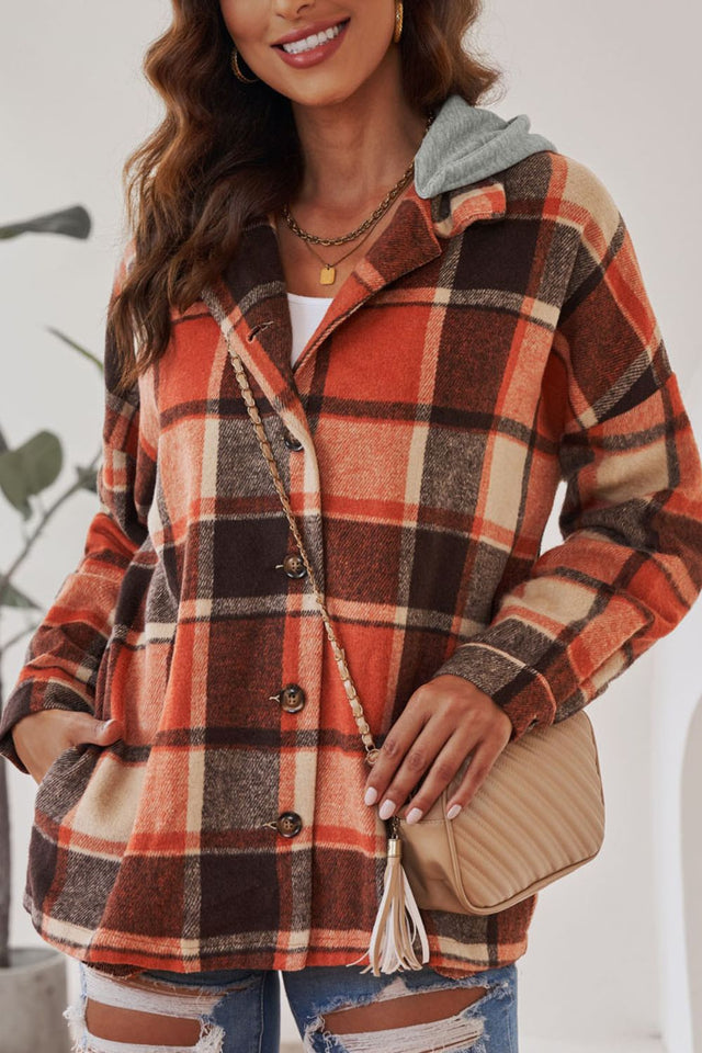 Plaid Button Up Hooded Shacket | Hanalas