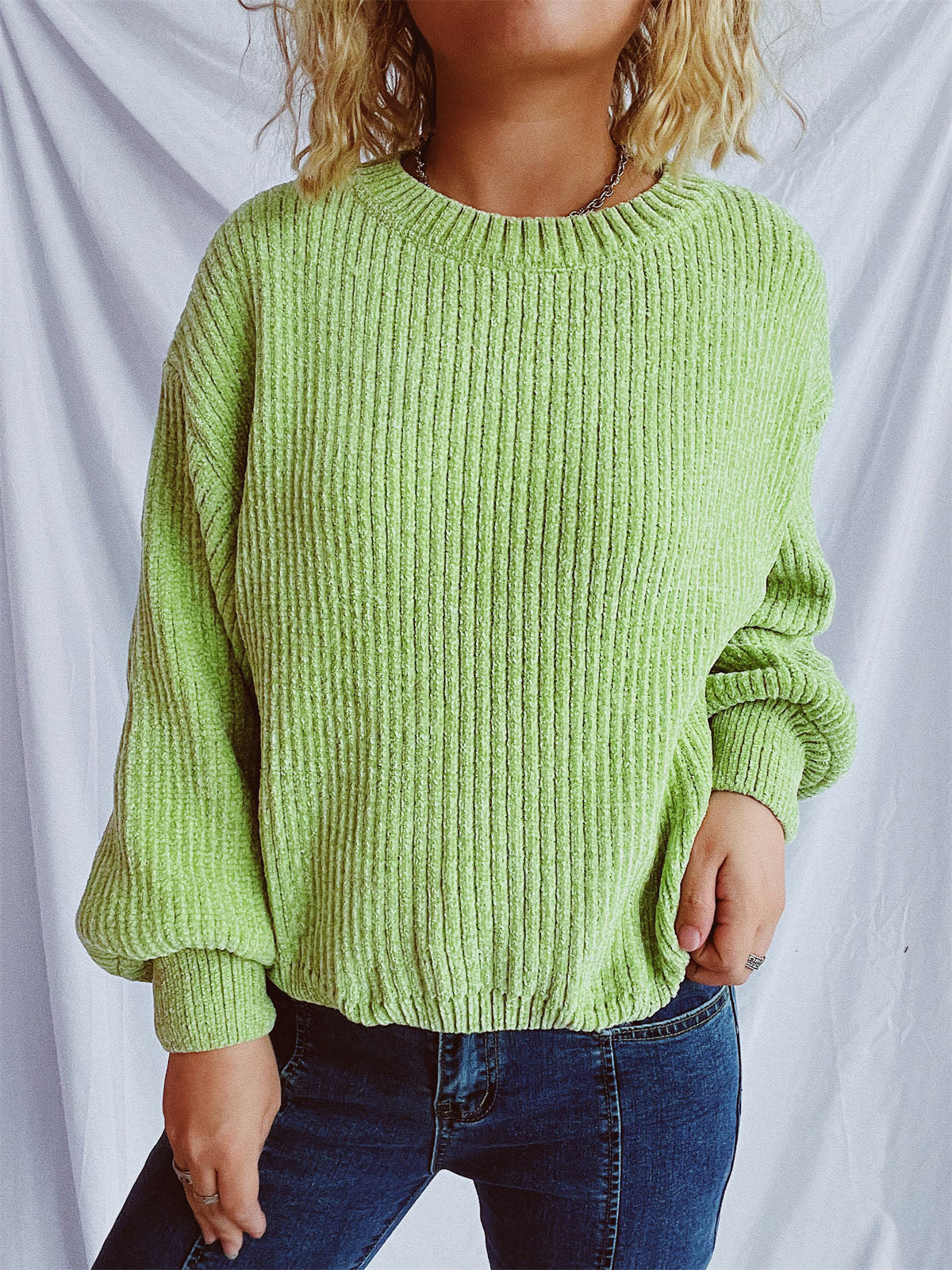 Round Neck Dropped Shoulder Long Sleeve Sweater