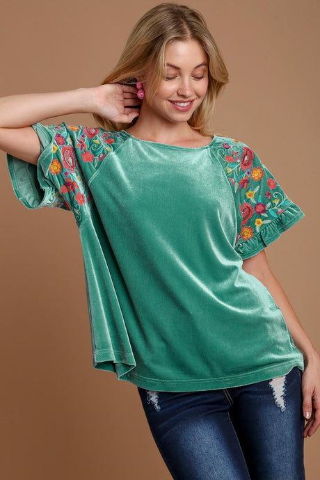 Umgee Velvet Embroidery Short Sleeve Blouse | Hanalas