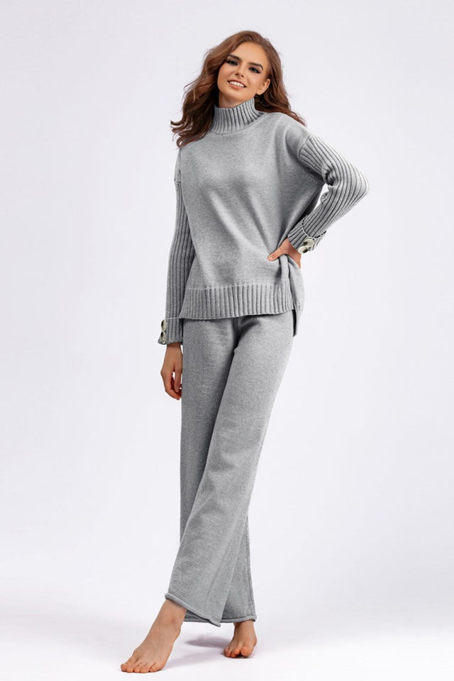 Basic Bae High- Low Turtleneck Long Sleeve Top and Pants Sweater Set Trendsi Hanalas