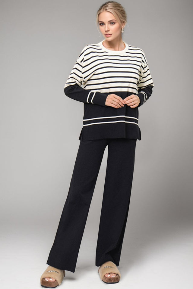 Basic Bae Striped Round Neck Long Sleeve Top and Pants Sweater Set Trendsi Hanalas