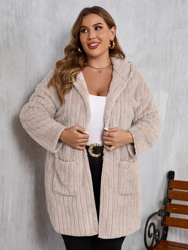 Plus Size Open Front Long Sleeve Hooded Fuzzy Jacket | Hanalas