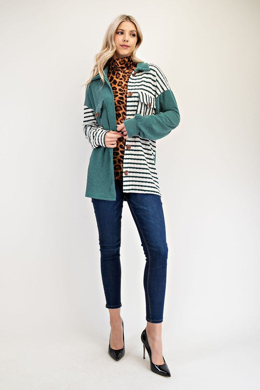 Celeste Full Size Striped Button Up Dropped Shoulder Shacket | Hanalas