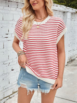 Lovelet Striped Round Neck Cap Sleeve Sweater