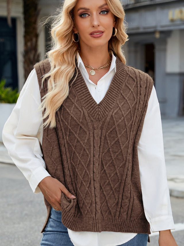 Cable Knit V-Neck Sweater Vest Trendsi Hanalas