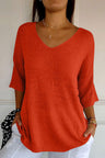 V-Neck Three-Quarter Sleeve Knit Top | Hanalas