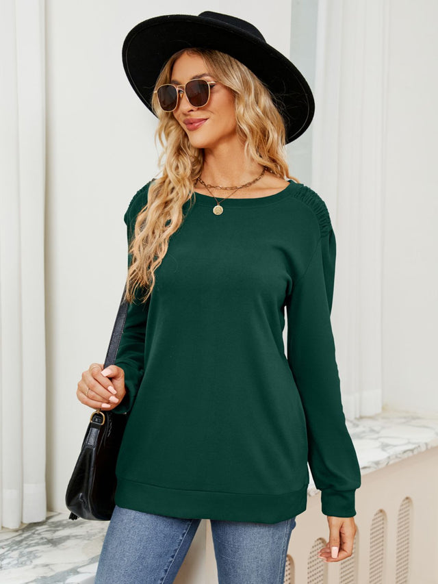 Ruched Shoulder Round Neck Long Sleeve Sweatshirt | Hanalas