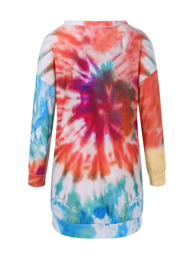 Full Size Tie-Dye Round Neck Long Sleeve Dress | Hanalas