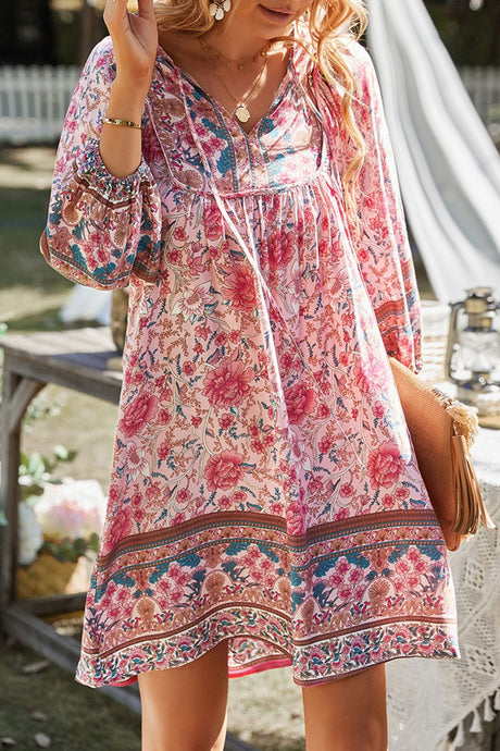 Devine Printed Tie Neck Mini Dress | Hanalas
