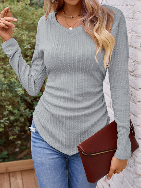 Full Size Ruched V-Neck Long Sleeve T-Shirt | Hanalas