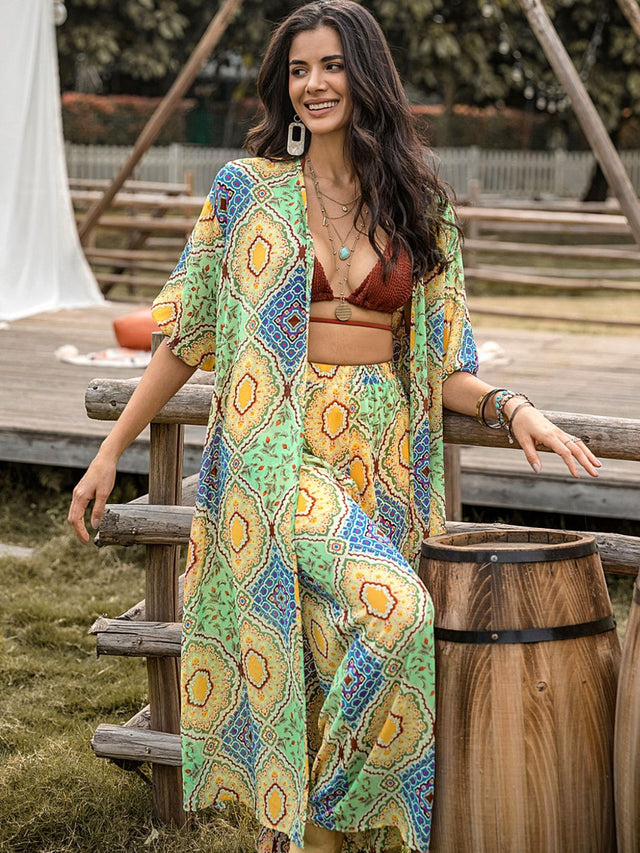 Printed Half Sleeve Top and Wide Leg Pants Set | Hanalas