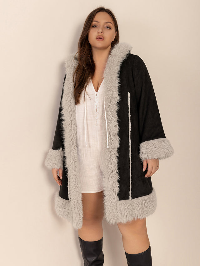 Plus Size Fuzzy Trim Open Front Long Sleeve Hooded Coat Trendsi Hanalas